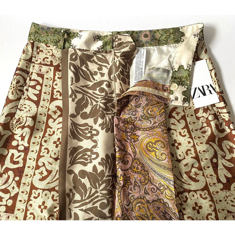 Zara Pants Womens L Multicolor Floral Paisley Wide Leg Satin Effect NWT Flaw - Picture 10 of 16